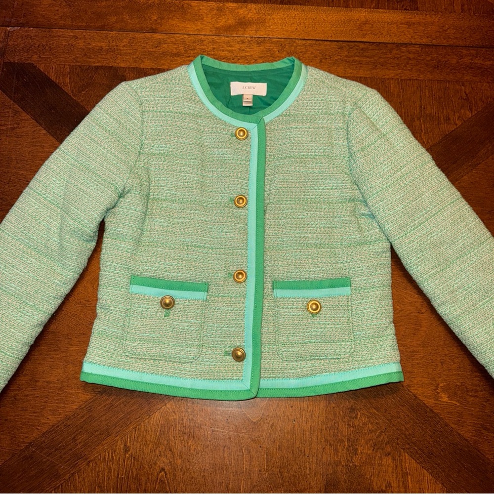 J Crew Women’s Green Lined Insulated Tweed Gold Button Stretch Jacket Size 4